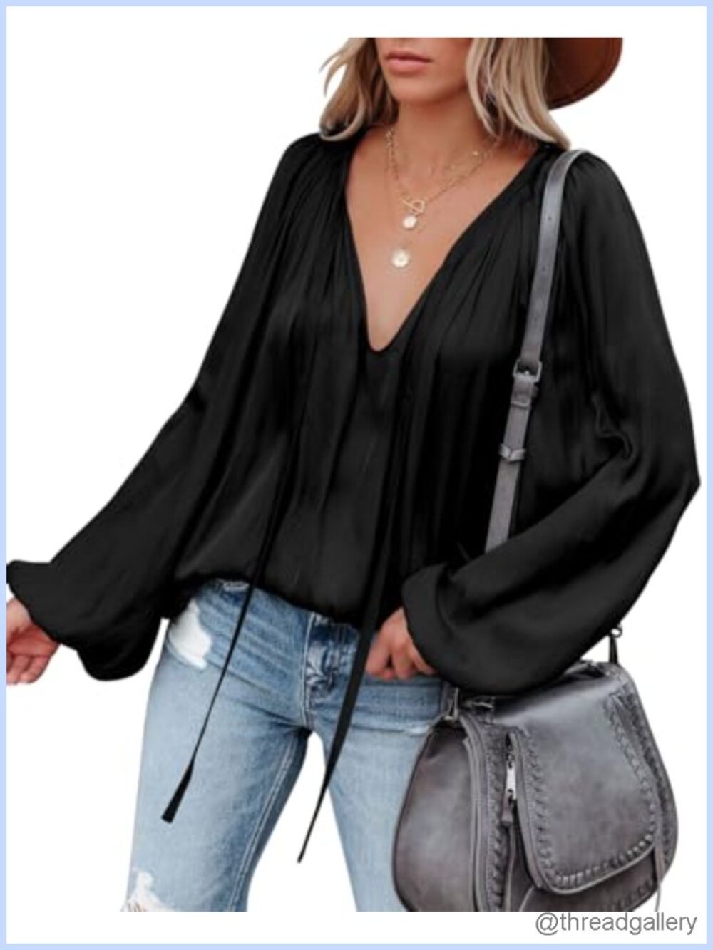 Womens Satin Blouse Deep V Neck Bell Sleeve Flowy Tunic Top